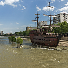 SKOPJE, REPUBLIC OF MACEDONIA - 13 MAY 2017: River Vardar passing through City of Skopje center, Republic of Macedonia