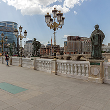 SKOPJE, REPUBLIC OF MACEDONIA - 13 MAY 2017: The Bridge of Civilizations in center of City of Skopje, Republic of Macedonia