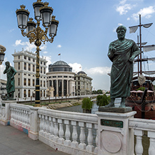 SKOPJE, REPUBLIC OF MACEDONIA - 13 MAY 2017: The Bridge of Civilizations in center of City of Skopje, Republic of Macedonia