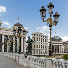 SKOPJE, REPUBLIC OF MACEDONIA - 13 MAY 2017: The Bridge of Civilizations in center of City of Skopje, Republic of Macedonia