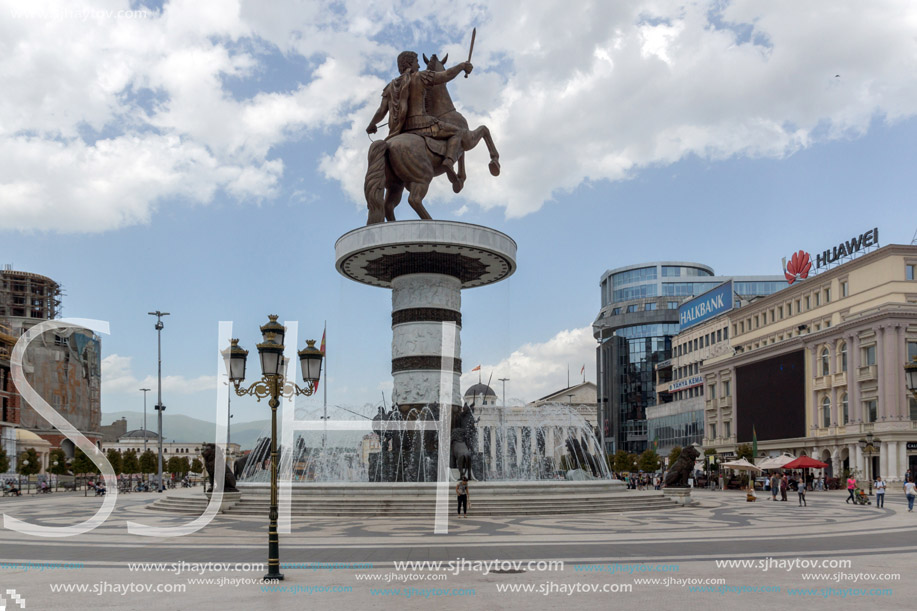 SKOPJE, REPUBLIC OF MACEDONIA - 13 MAY 2017: Skopje City Center and Alexander the Great Monument, Macedonia