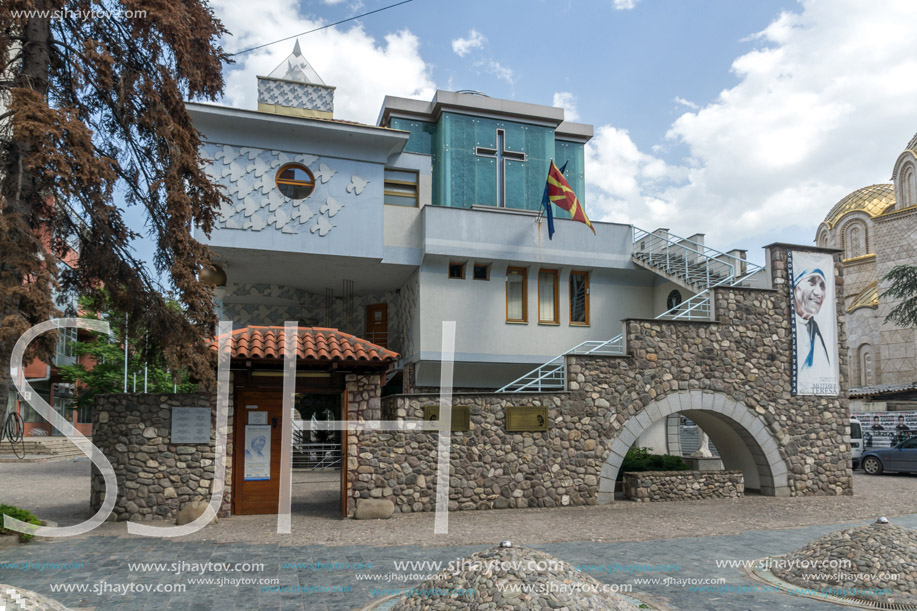 SKOPJE, REPUBLIC OF MACEDONIA - 13 MAY 2017:  Memorial House Mother Teresa in city of Skopje, Republic of Macedonia