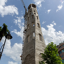 SKOPJE, REPUBLIC OF MACEDONIA - 13 MAY 2017:  Bell tower of St. Constantine and Elena Church in city of Skopje, Republic of Macedonia