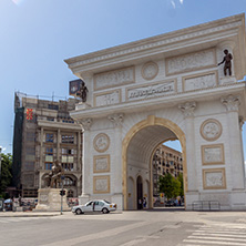 SKOPJE, REPUBLIC OF MACEDONIA - 13 MAY 2017: Macedonia Gate arch, Skopje, Macedonia