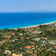 Panoramic view of Agios Ioanis beach with blue waters, Lefkada, Ionian Islands, Greece