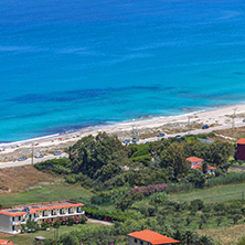 Panoramic view of Agios Ioanis beach with blue waters, Lefkada, Ionian Islands, Greece