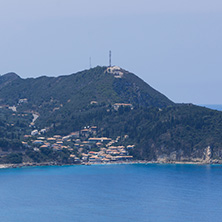 Panoramic view of Agios Nikitas village with blue waters, Lefkada, Ionian Islands, Greece