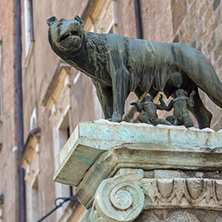 ROME, ITALY - JUNE 23, 2017: Statue of Wolf with Romulus and Remus on Capitoline hill in city of Rome, Italy