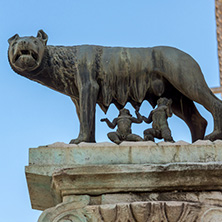 ROME, ITALY - JUNE 23, 2017: Statue of Wolf with Romulus and Remus on Capitoline hill in city of Rome, Italy
