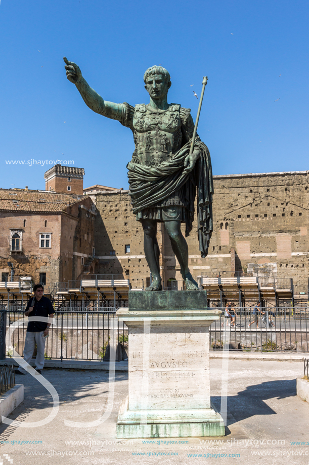 ROME, ITALY - JUNE 23, 2017: Amazing view of Augustus Forum and statue in city of Rome, Italy