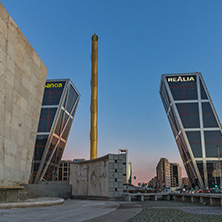 MADRID, SPAIN - JANUARY 23, 2018:  Sunrise view of Gate of Europe (KIO Towers) at Paseo de la Castellana street in City of Madrid, Spain