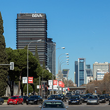 MADRID, SPAIN - JANUARY 21, 2018:  Business buildings at Paseo de la Castellana street in City of Madrid, Spain