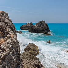 Amazing seascape of blue waters of Megali Petra Beach, Lefkada, Ionian Islands, Greece