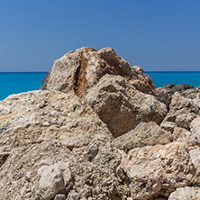 Amazing seascape of blue waters of Megali Petra Beach, Lefkada, Ionian Islands, Greece
