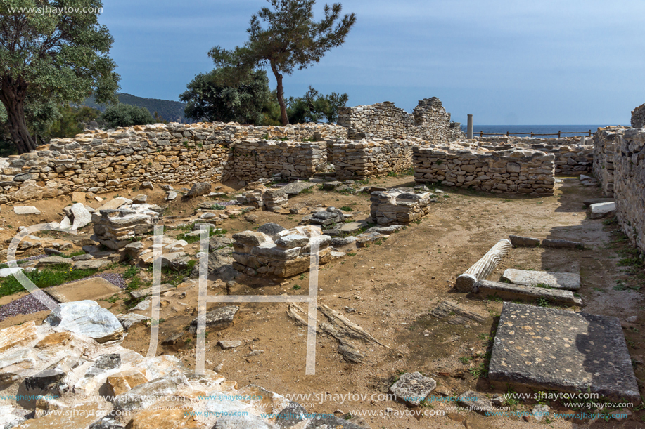 Columns in Ruins of ancient church in Archaeological site of Aliki, Thassos island,  East Macedonia and Thrace, Greece