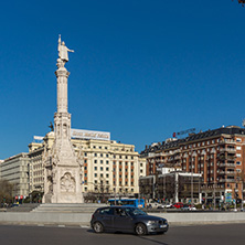 MADRID, SPAIN - JANUARY 21, 2018: Monument to Columbus and Columbus towers at Plaza de Colon in City of Madrid, Spain