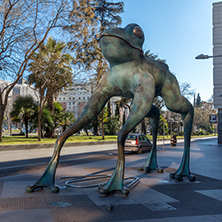 MADRID, SPAIN - JANUARY 21, 2018: Statue of a frog and Cera Museum at Paseo de la Castellana street in City of Madrid, Spain