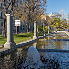 MADRID, SPAIN - JANUARY 21, 2018: Fountain at Paseo de la Castellana street in City of Madrid, Spain