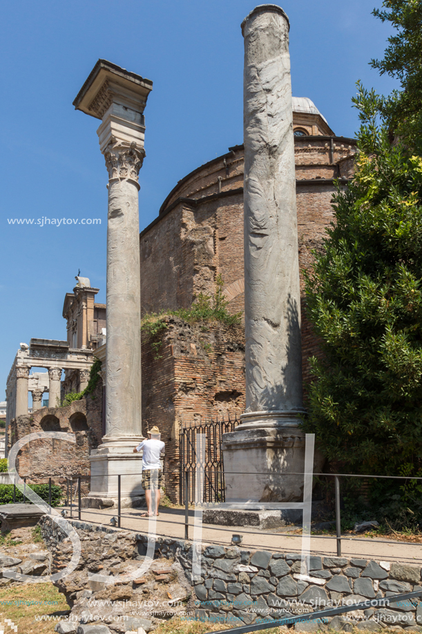 ROME, ITALY - JUNE 24, 2017: Temple Of Romulus in Roman Forum in city of Rome, Italy