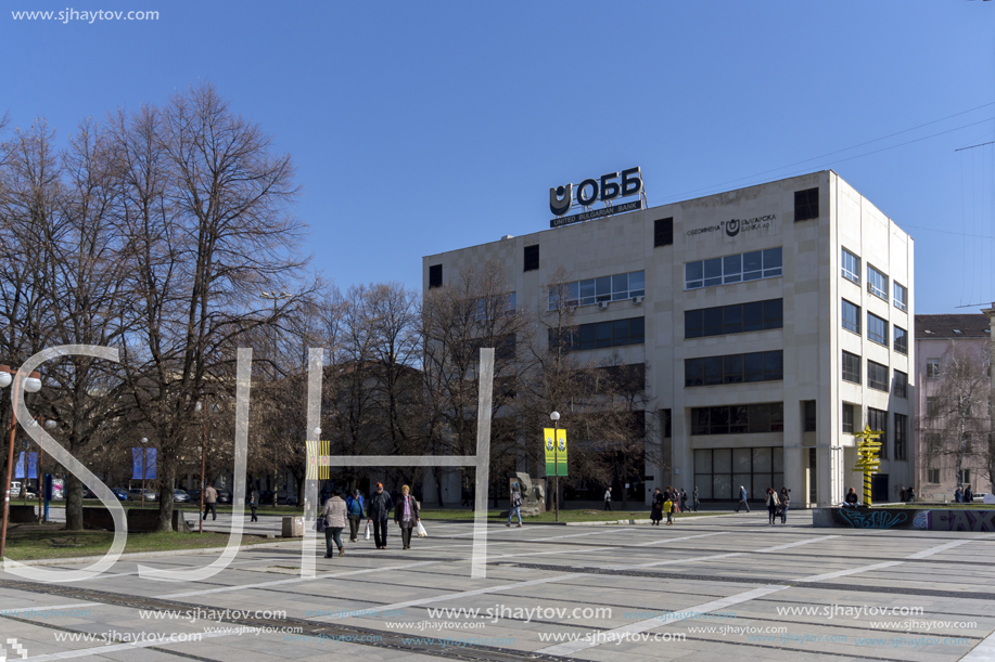 PERNIK, BULGARIA - MARCH 12, 2014:  Panoramic view of center of city of Pernik, Bulgaria