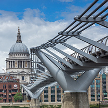 LONDON, ENGLAND - JUNE 15 2016: St. Paul"s Cathedral and Millennium bridge, London, England, Great Britain