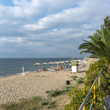 CHALKIDIKI, CENTRAL MACEDONIA, GREECE - AUGUST 25, 2014: Panoramic view of Alkinoos Beach at Sithonia peninsula,   Chalkidiki, Central Macedonia, Greece