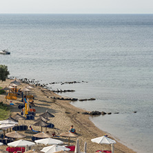 CHALKIDIKI, CENTRAL MACEDONIA, GREECE - AUGUST 25, 2014: Panoramic view of Gea Beach at Sithonia peninsula, Chalkidiki, Central Macedonia, Greece