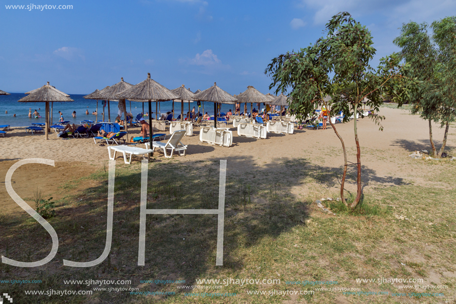 CHALKIDIKI, CENTRAL MACEDONIA, GREECE - AUGUST 25, 2014: Seascape of Blue Dolphin Cove Beach at Sithonia peninsula, Chalkidiki, Central Macedonia, Greece