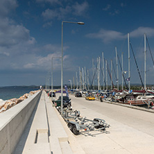 CHALKIDIKI, CENTRAL MACEDONIA, GREECE - AUGUST 25, 2014: Panoramic view of Nikiti Beach at Sithonia peninsula, Chalkidiki, Central Macedonia, Greece