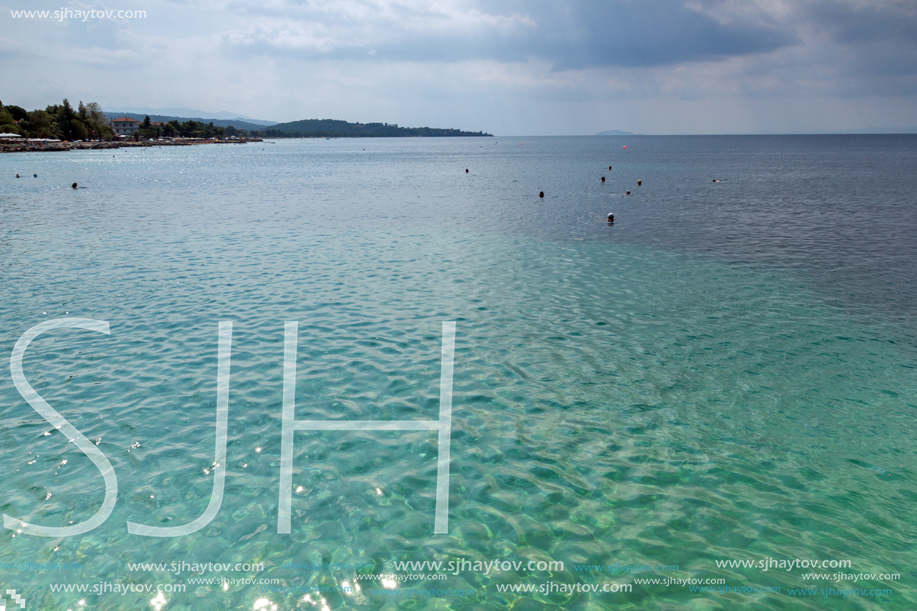 CHALKIDIKI, CENTRAL MACEDONIA, GREECE - AUGUST 25, 2014: Panoramic view of Nikiti Beach at Sithonia peninsula, Chalkidiki, Central Macedonia, Greece