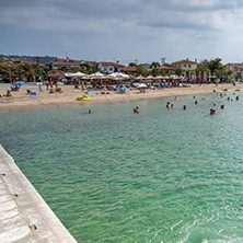 CHALKIDIKI, CENTRAL MACEDONIA, GREECE - AUGUST 25, 2014: Panoramic view of Nikiti Beach at Sithonia peninsula, Chalkidiki, Central Macedonia, Greece