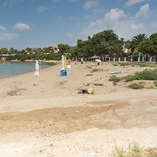 CHALKIDIKI, CENTRAL MACEDONIA, GREECE - AUGUST 25, 2014: Panoramic view of Castri Beach at Sithonia peninsula, Chalkidiki, Central Macedonia, Greece