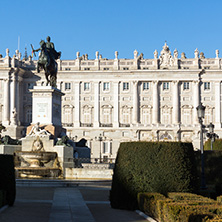 MADRID, SPAIN - JANUARY 22, 2018:  Beautiful view of Monument to Felipe IV and the Royal Palace of Madrid, Spain
