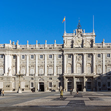 MADRID, SPAIN - JANUARY 22, 2018:  Beautiful view of the facade of the Royal Palace of Madrid, Spain