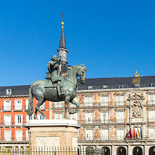 MADRID, SPAIN - JANUARY 22, 2018:  Plaza Mayor with statue of King Philips III in Madrid, Spain