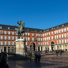 MADRID, SPAIN - JANUARY 22, 2018:  Plaza Mayor with statue of King Philips III in Madrid, Spain