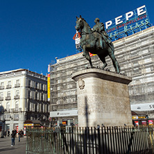 MADRID, SPAIN - JANUARY 22, 2018:  Equestrian Statue of Carlos III at Puerta del Sol in Madrid, Spain