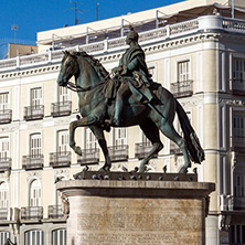 MADRID, SPAIN - JANUARY 22, 2018:  Equestrian Statue of Carlos III at Puerta del Sol in Madrid, Spain