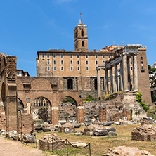 ROME, ITALY - JUNE 24, 2017: Capitoline Hill, Temple of Saturn and Capitoline Hill in city of Rome, Italy