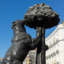 MADRID, SPAIN - JANUARY 22, 2018:  Statue of the Bear and the Strawberry Tree at Puerta del Sol in Madrid, Spain
