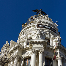 MADRID, SPAIN - JANUARY 22, 2018: Gran Via and Metropolis Building in City of Madrid, Spain