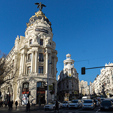 MADRID, SPAIN - JANUARY 22, 2018: Gran Via and Metropolis Building in City of Madrid, Spain