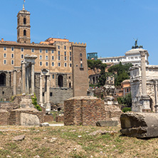 ROME, ITALY - JUNE 24, 2017: Capitoline Hill, Temple of Saturn and Capitoline Hill in city of Rome, Italy