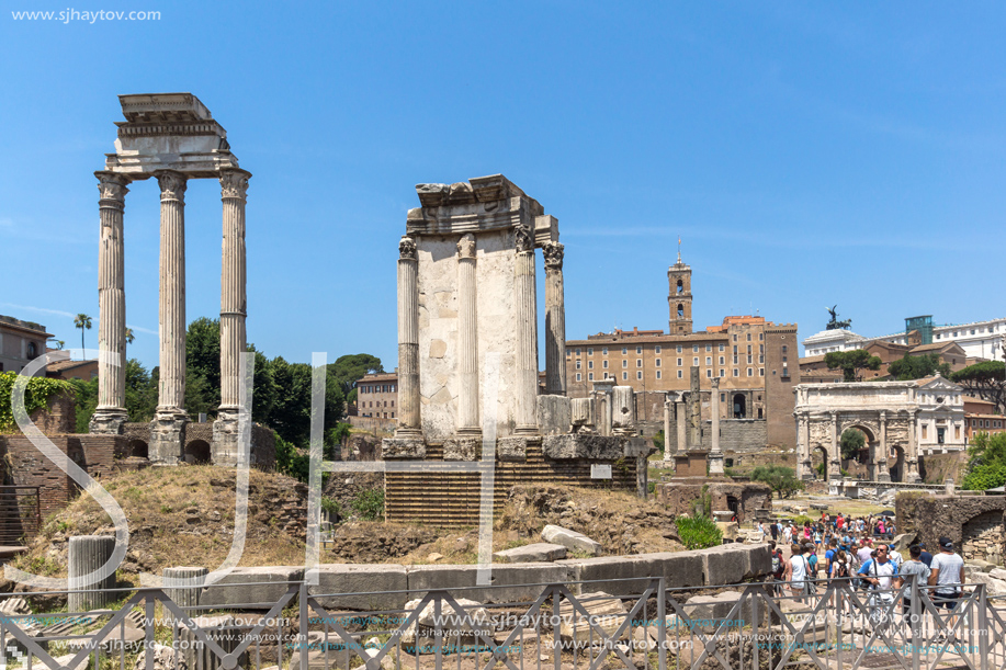 ROME, ITALY - JUNE 24, 2017: Capitoline Hill, Septimius Severus Arch at Roman Forum in city of Rome, Italy