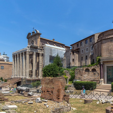 ROME, ITALY - JUNE 24, 2017: Amazing view of Temple of Vesta at Roman Forum in city of Rome, Italy