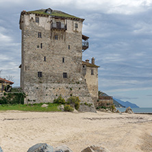 Medieval tower in Ouranopoli, Athos, Chalkidiki, Central Macedonia, Greece