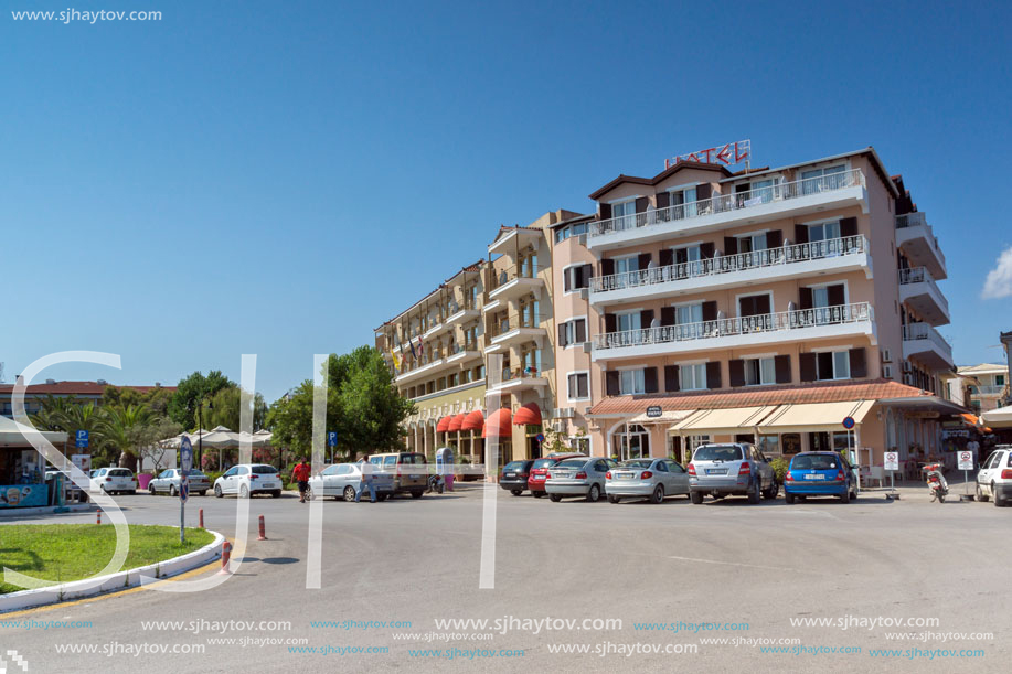 LEFKADA TOWN, GREECE JULY 17, 2014: Houses and street in Lefkada town, Ionian Islands, Greece