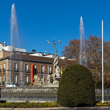 MADRID, SPAIN - JANUARY 22, 2018: Neptuno Fountain and Thyssen Bornemisza Museum in City of Madrid, Spain
