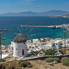 MYKONOS, GREECE - MAY 1, 2013: Amazing view of White windmills on the island of Mykonos, Cyclades, Greece