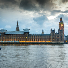 LONDON, ENGLAND - JUNE 16 2016: Night photo of Houses of Parliament with Big Ben from Westminster bridge, London, England, Great Britain